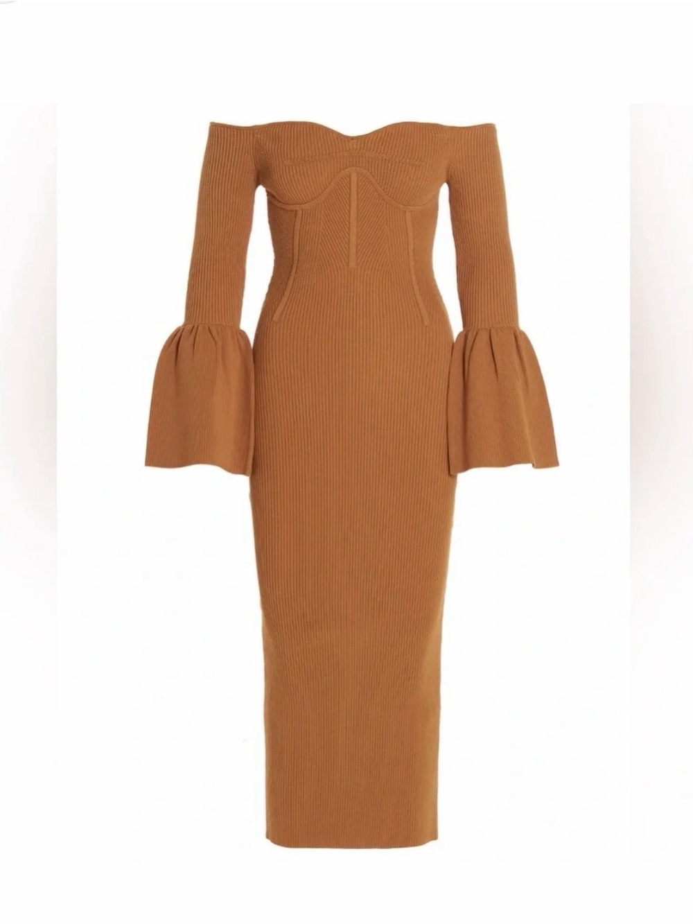 NWT Self-Portrait Flare-Sleeve Ribbed Midi Dress in Camel